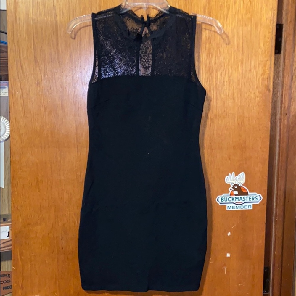 Little black dress with lace top detail